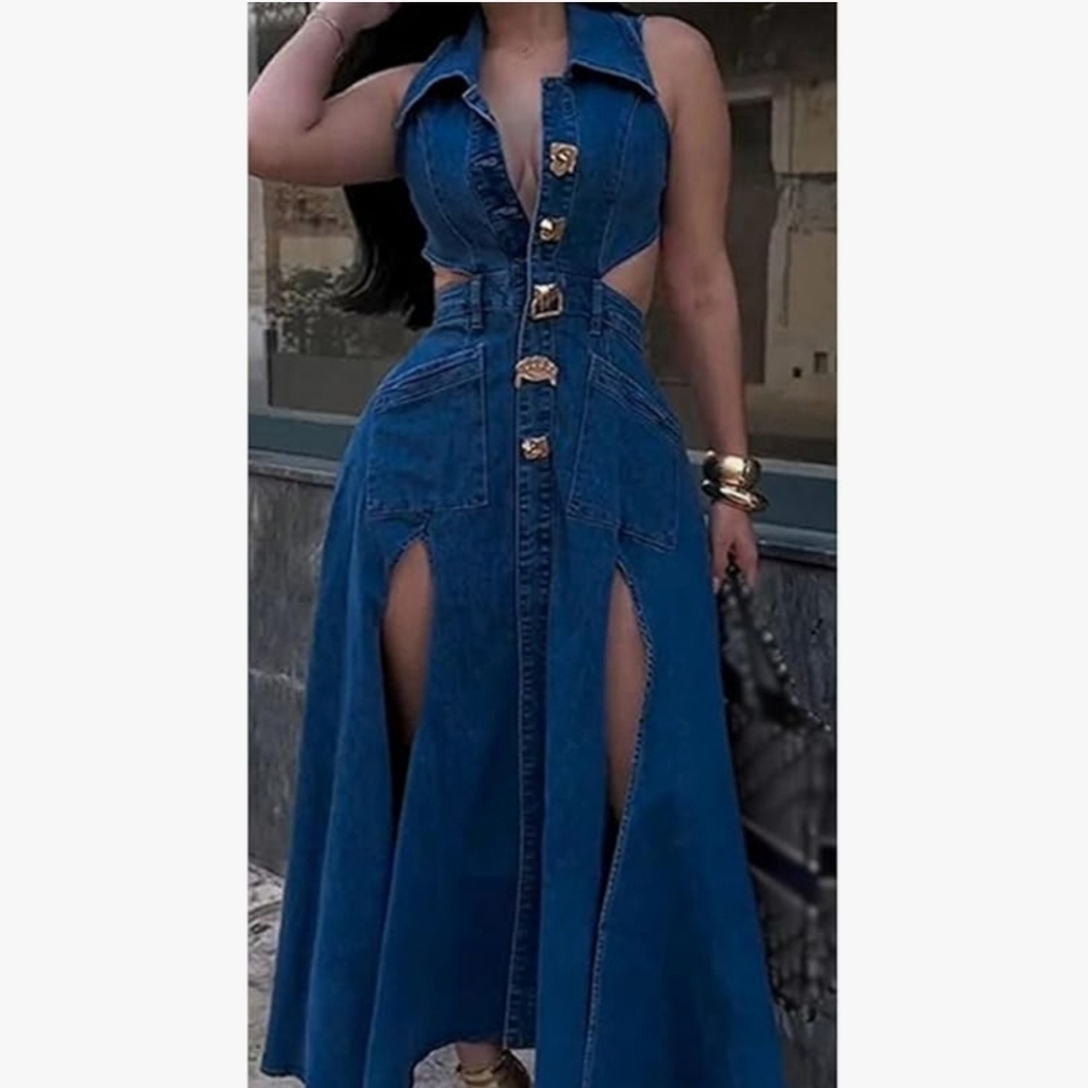 Stylish Blue Denim Cutout Dress
